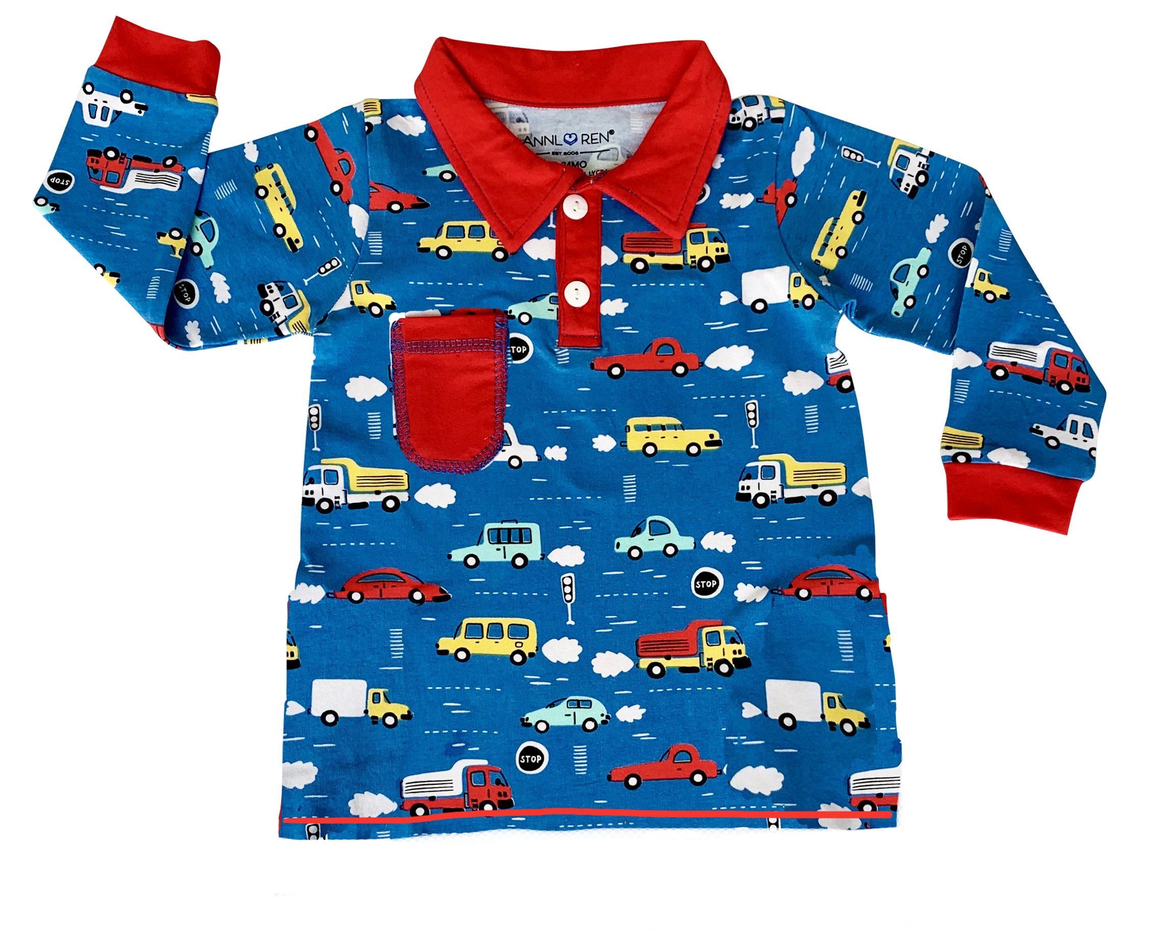 AnnLoren Toddler & Big Boys Long Sleeve Polo Shirt featuring a red collar, pocket, and colorful automobile print with cars, trucks, and buses.